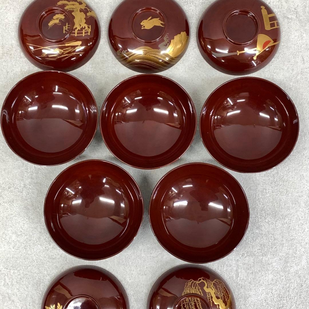 吸物椀 5客 絵変わり 塗り 溜絵 正月 賀正 金彩 汁椀 雑 D