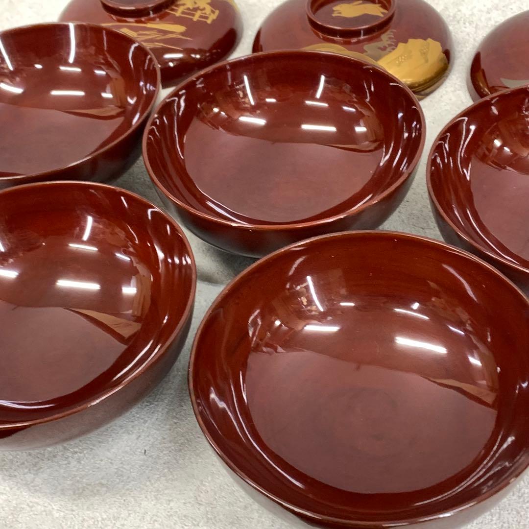 吸物椀 5客 絵変わり 塗り 溜絵 正月 賀正 金彩 汁椀 雑 D