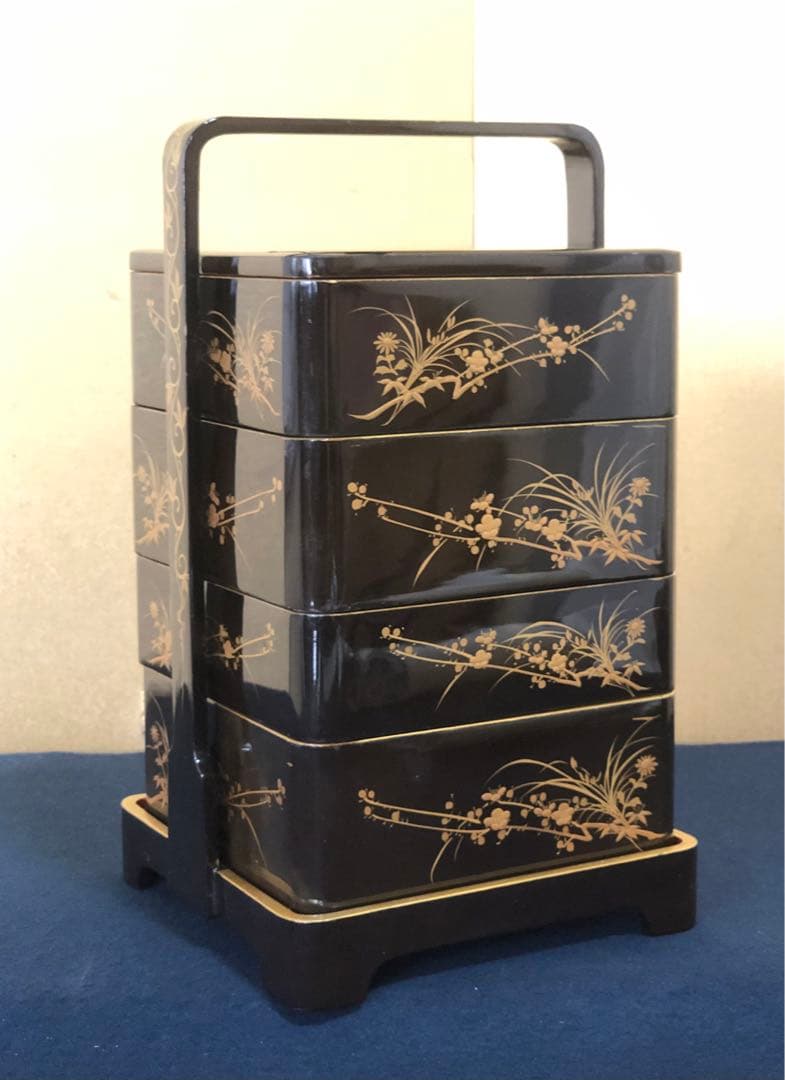 《レ》大正時代 草花蒔絵 提げ重 四段重 木製漆器 木箱　251117え2