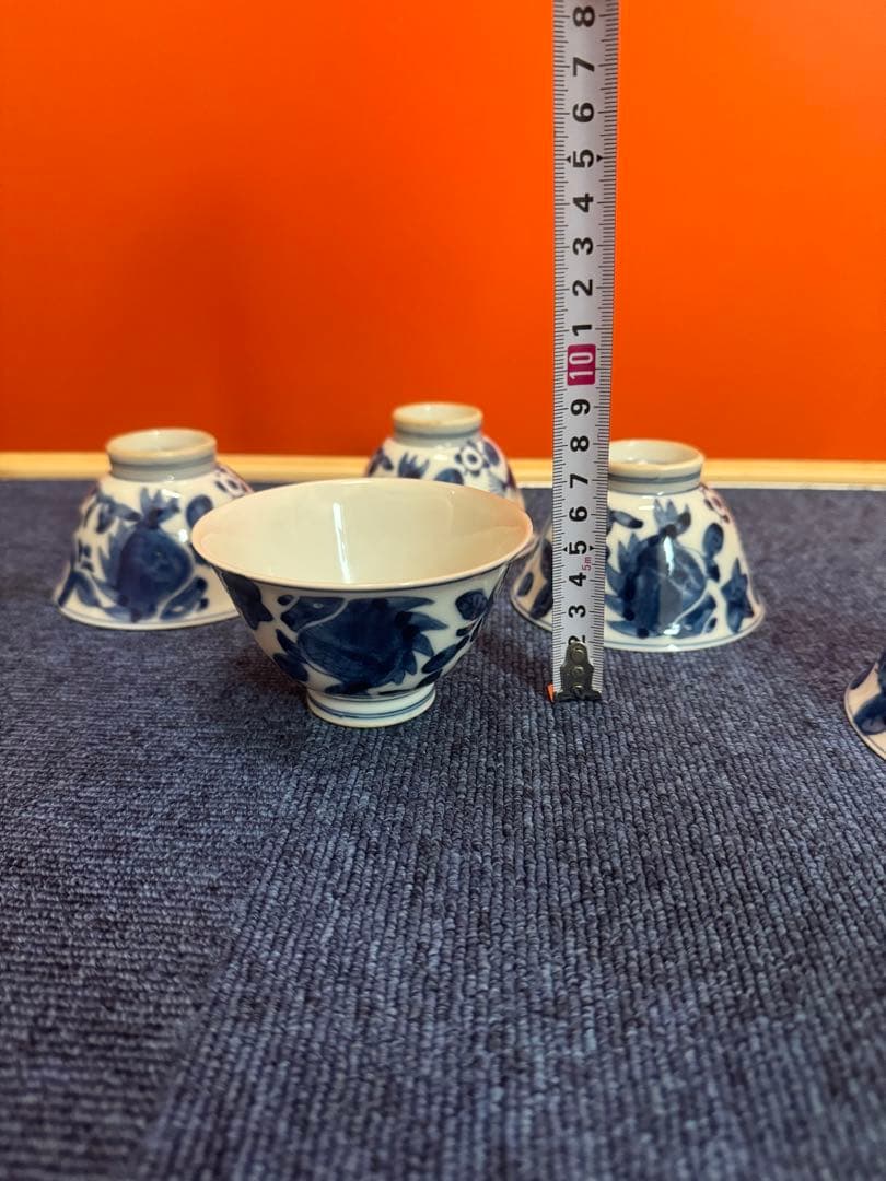 1859 古伊万里 染付青花 大明成化年製銘 湯呑5客 時代物