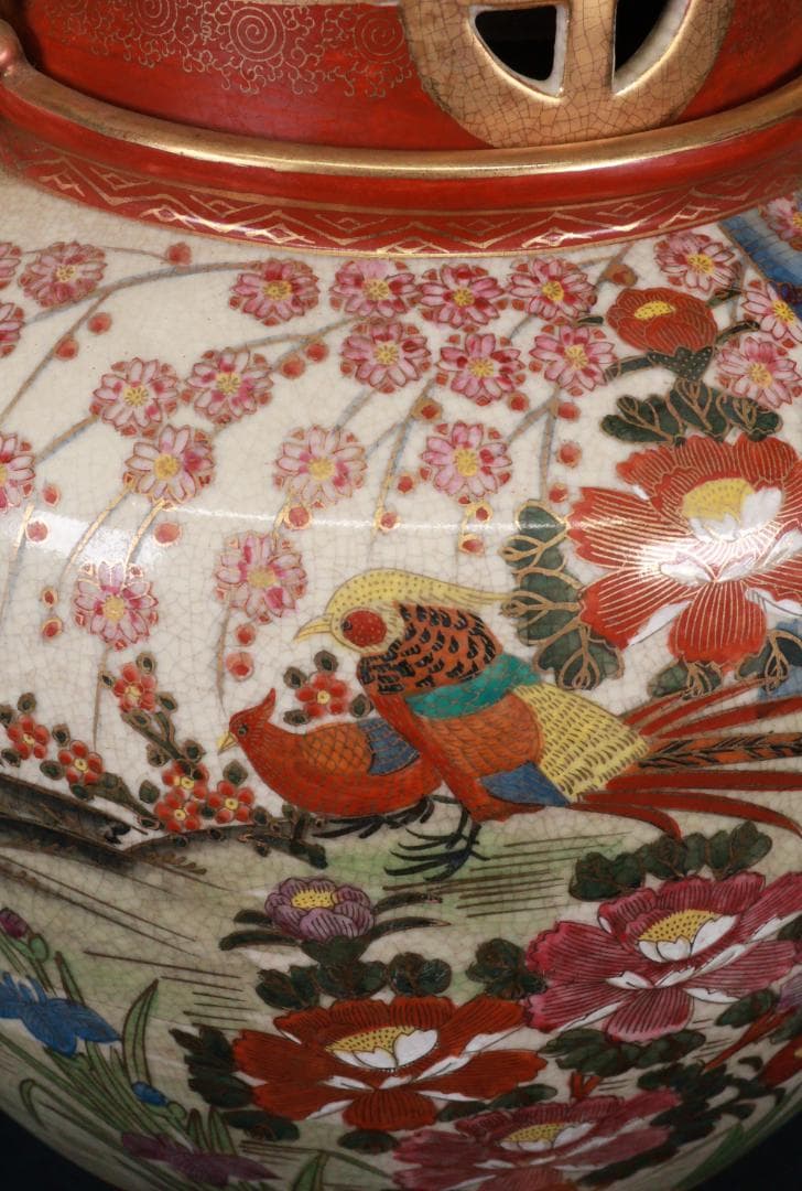 薩摩焼 勇仙作 色絵金彩花鳥図獅子耳 大香炉 高さ45cm BE941 薩摩焼 勇