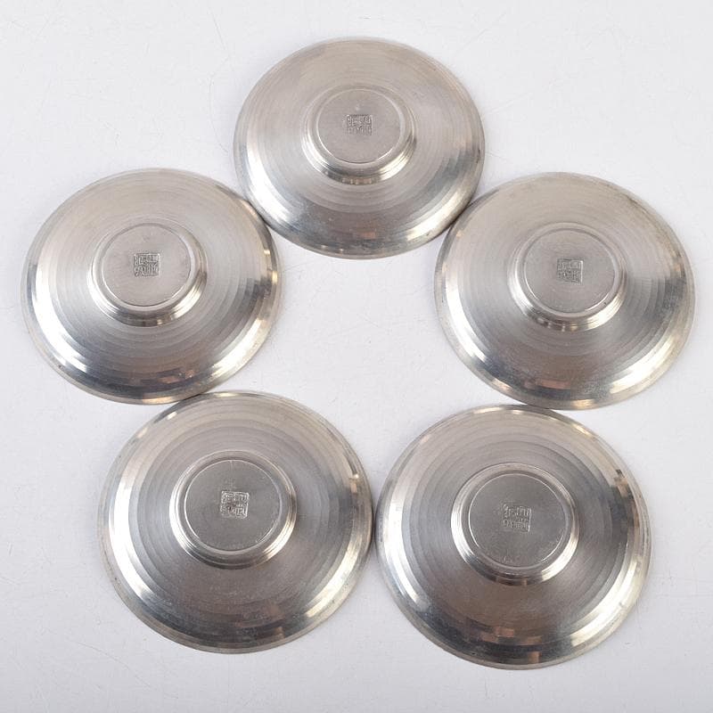 平安 邃古居 秦蔵六造 純錫 倣張萬順之作意 圓式茶托 五客 共箱 GR9455