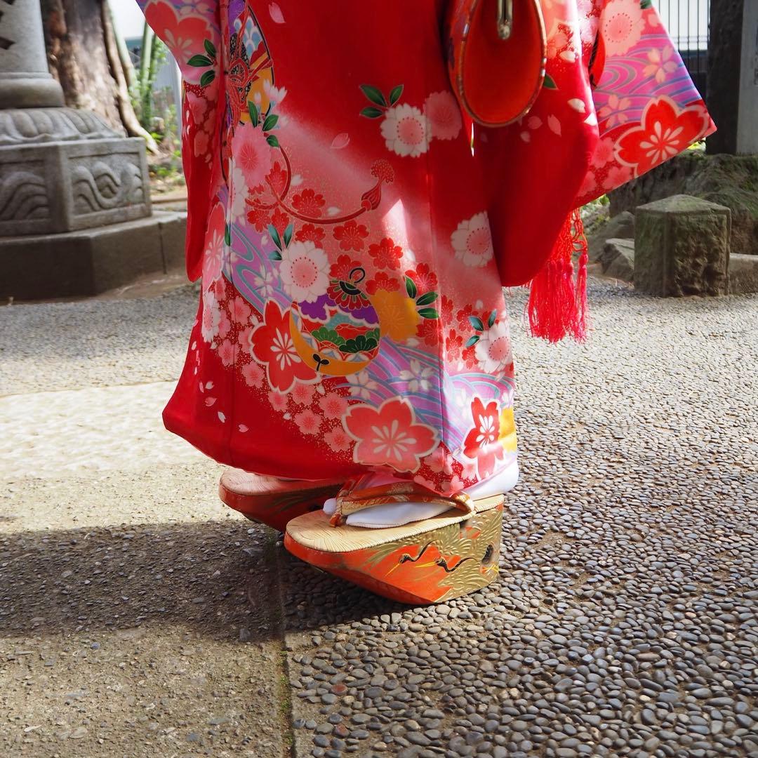 七五三　7歳　ぽっくり下駄　オレンジ系