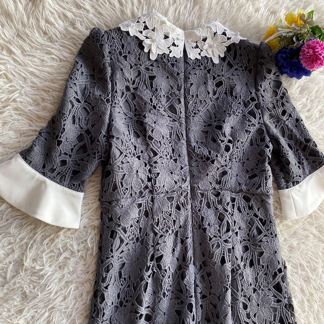 LEJA 花柄レースカラースパンコール刺繍Aラインフレアドレスワンピース