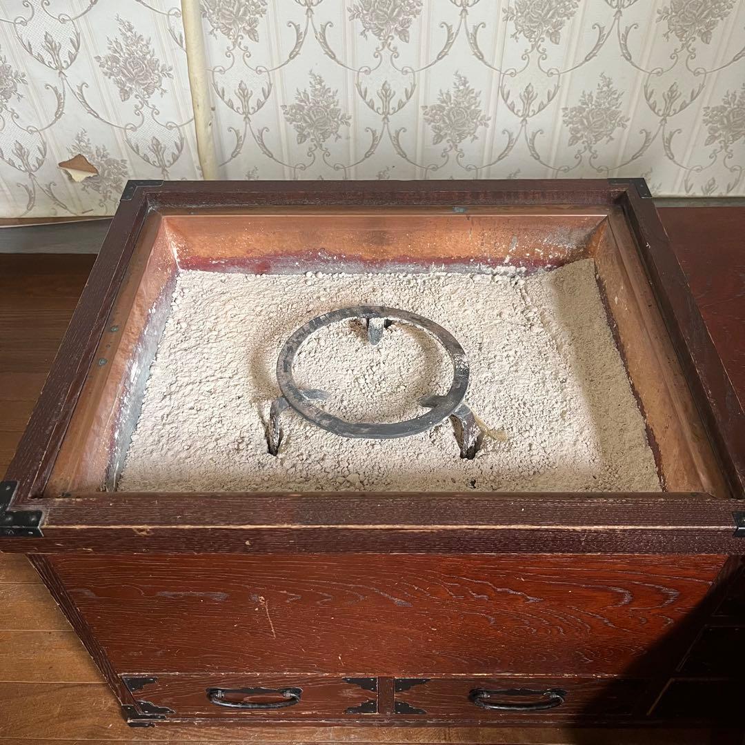アンティーク】昭和レトロ 木製 関東火鉢 長火鉢 引き出し付 囲炉裏 古道具