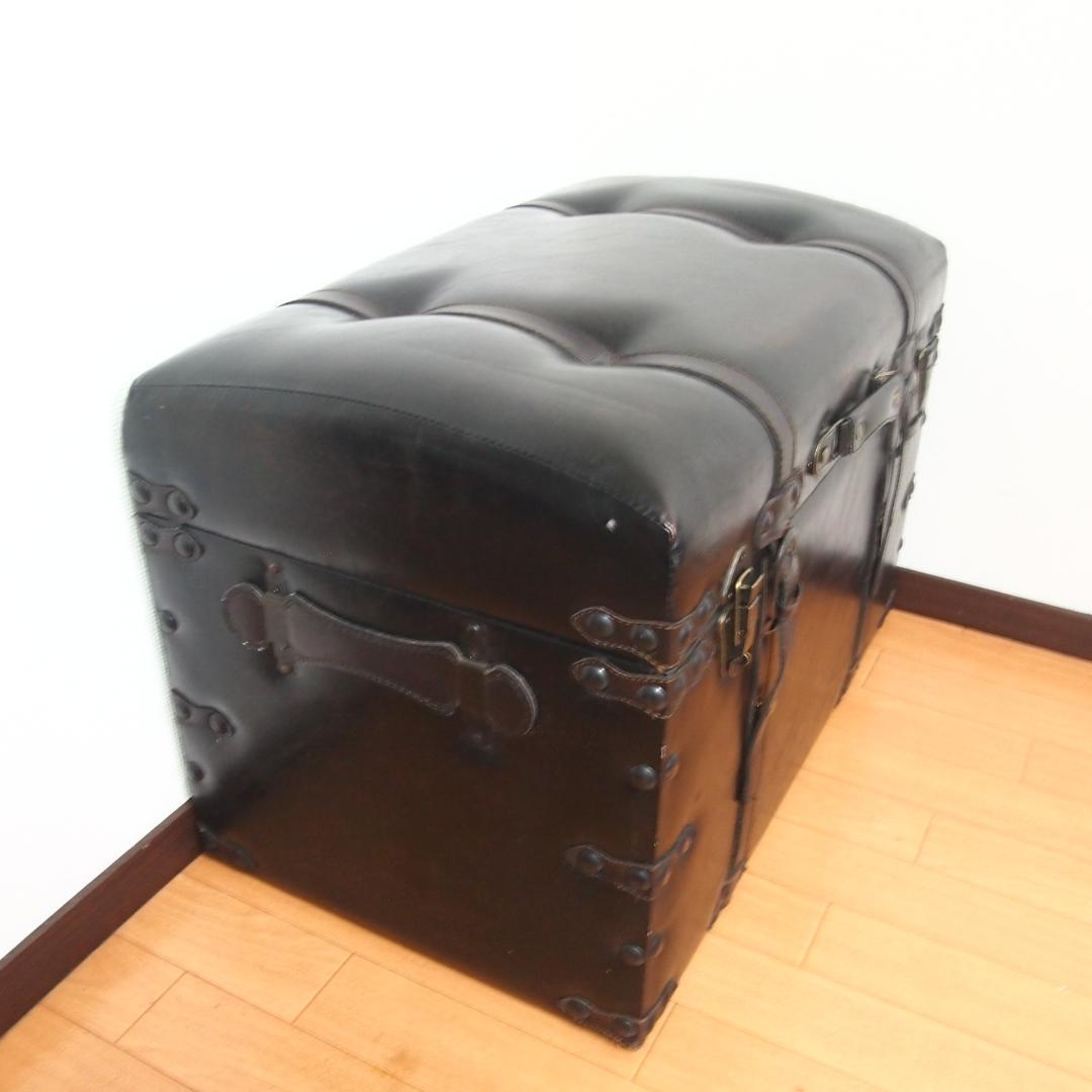 【良品】鋲打ち/革張り 収納スツール/椅子/ベンチ/レコードケース 黒/ブラック