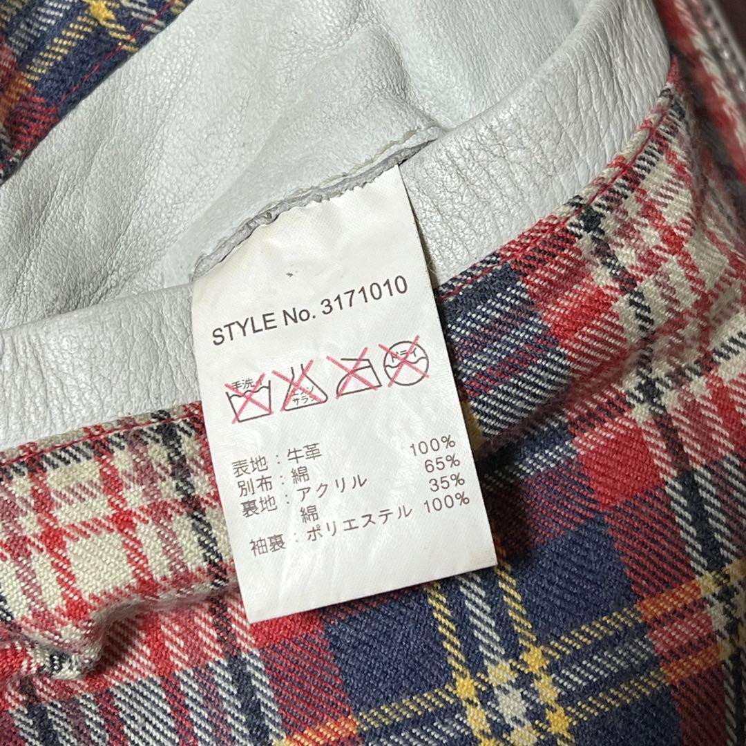 Schottクラッシックレーサー シングルライダース 白地に袖青赤2本線 牛革M