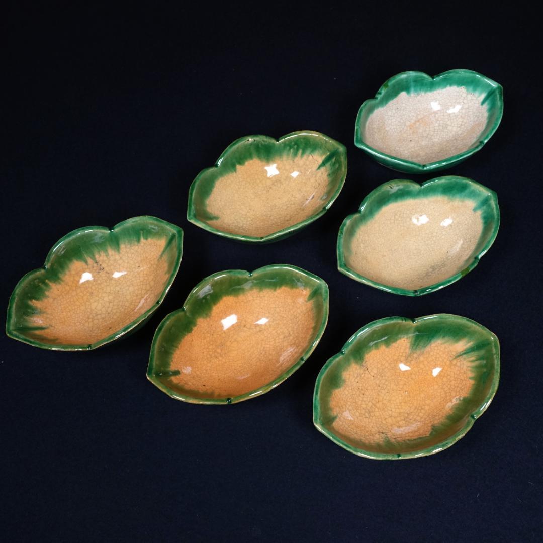 楽焼 舟形皿 向付 6客 染付 松風景文 舟形皿 変形皿 五枚組/Blue and white shaped plate