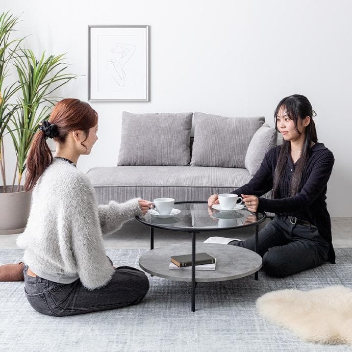 センターテーブル 小さめ 大理石 丸 ローテーブル 【ブラック×ブラウン】