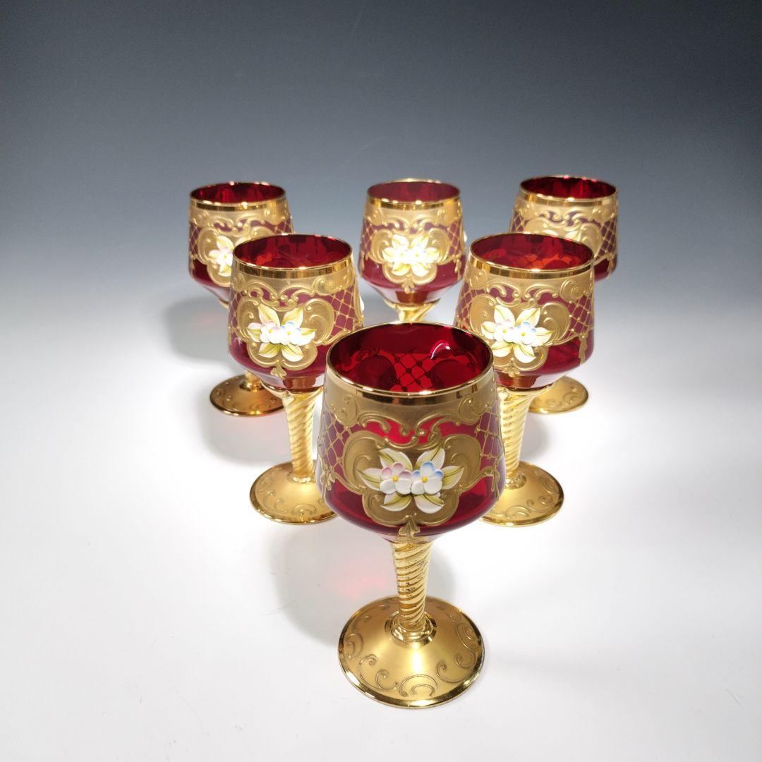 値下げベネチアングラスデキャンタワイングラス6個花瓶金彩8点セット
