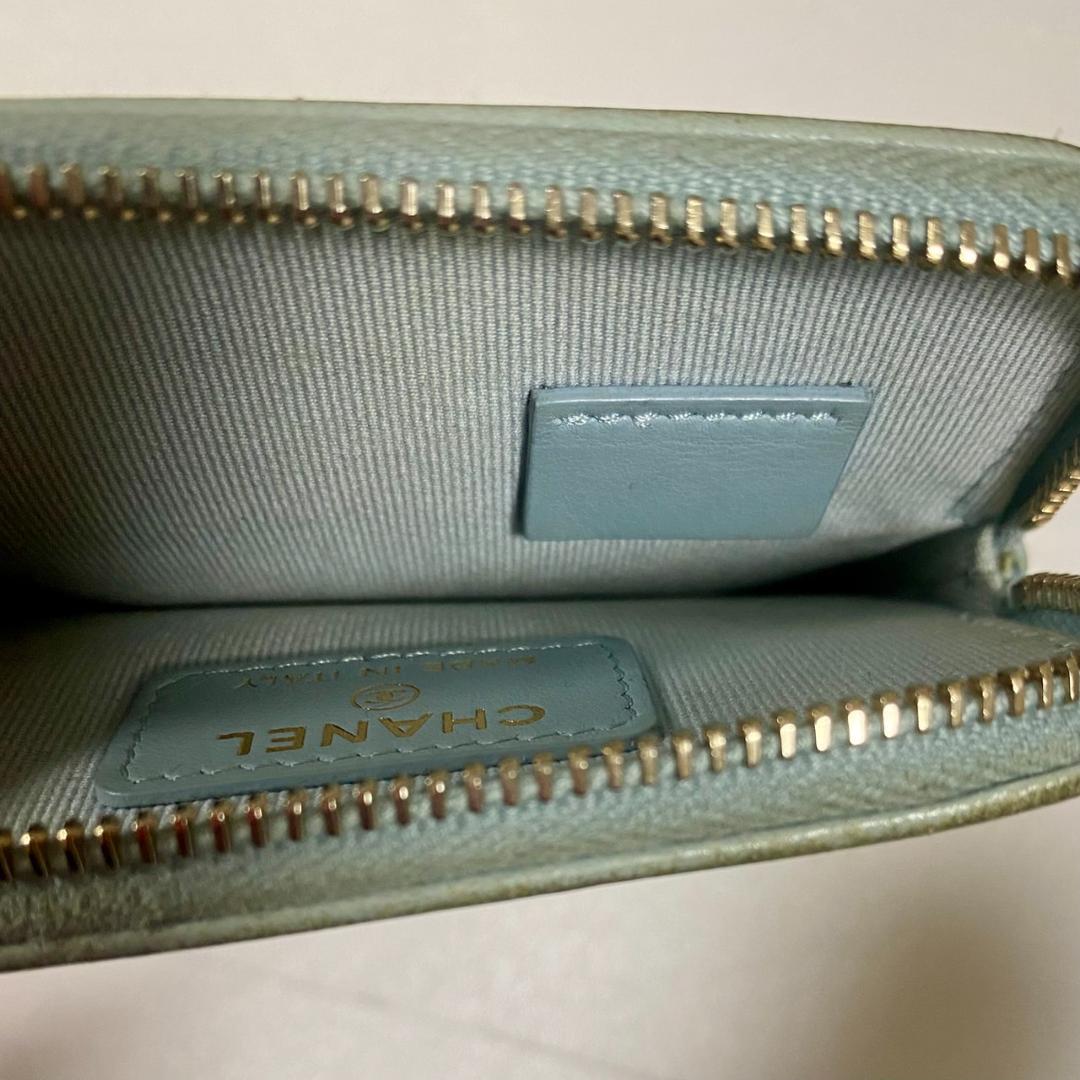 CHANEL シャネル ライトブルー ジッパー ケース 財布 キルティング