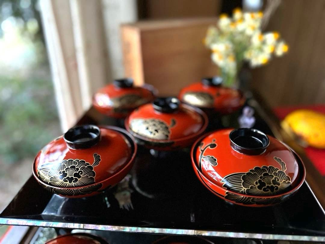 2208様感謝‼️洗朱❌黒JAPAN輪島蒔絵牡丹　独楽椀天然木本漆特製吸物椀5客