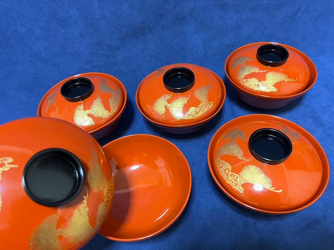 漆器　輪島塗　木製　蒔絵　蓋付椀　汁椀　5客　時代物　在銘稲森　木箱あり