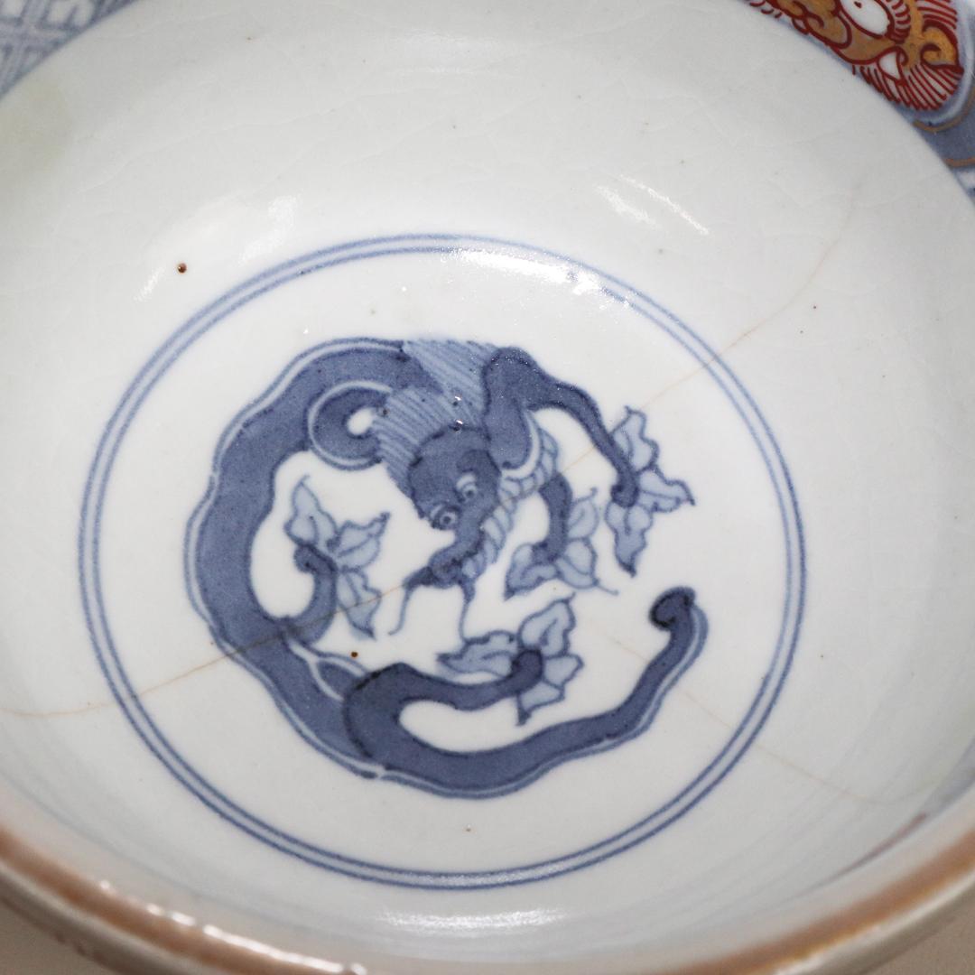 冨貴長春 蓋付茶碗 錦絵 染付 金彩 古伊万里 7客 吉祥 1客に金継ぎ有り