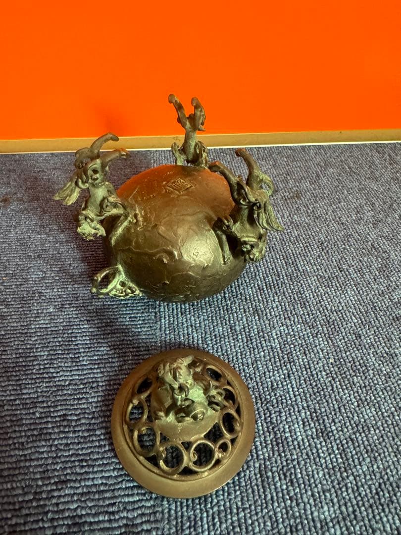 1817 高岡銅器 須賀七郎作 月芳 蝋型鋳銅 三獅子 香炉 時代物