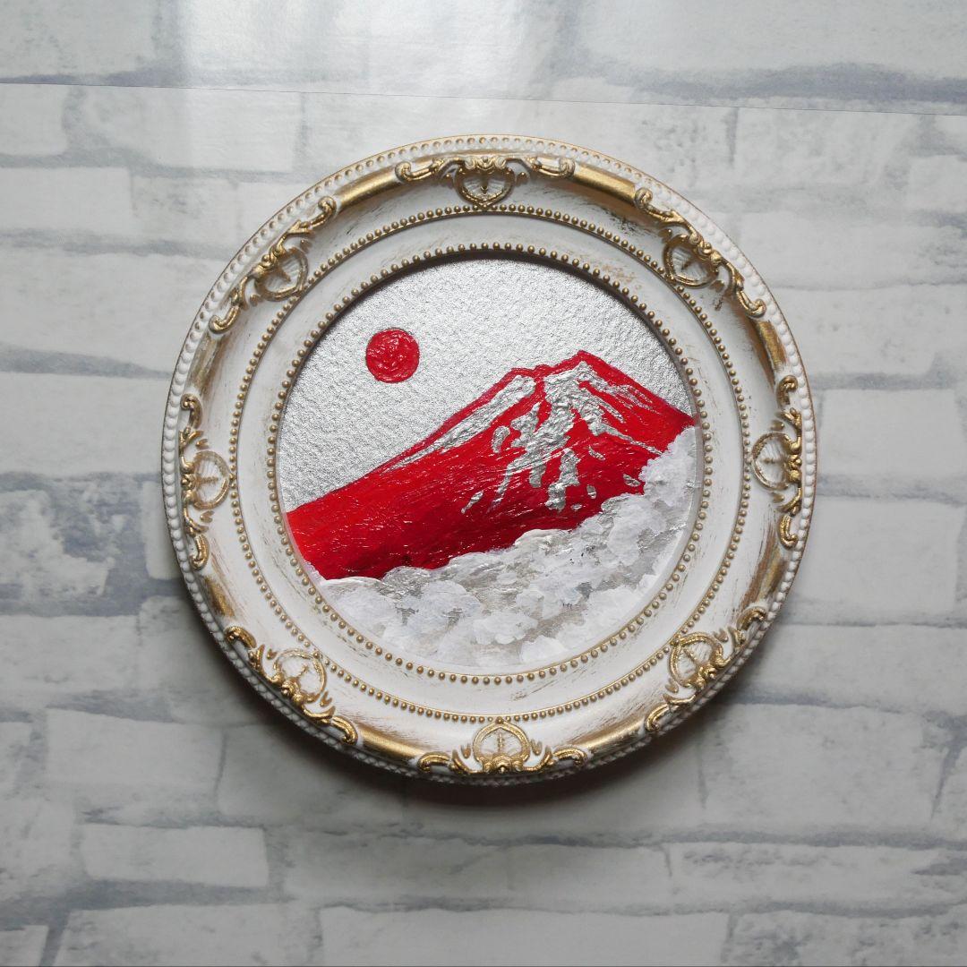 油彩画 円形ミニ絵画「赤富士」 銀の空と白い雲