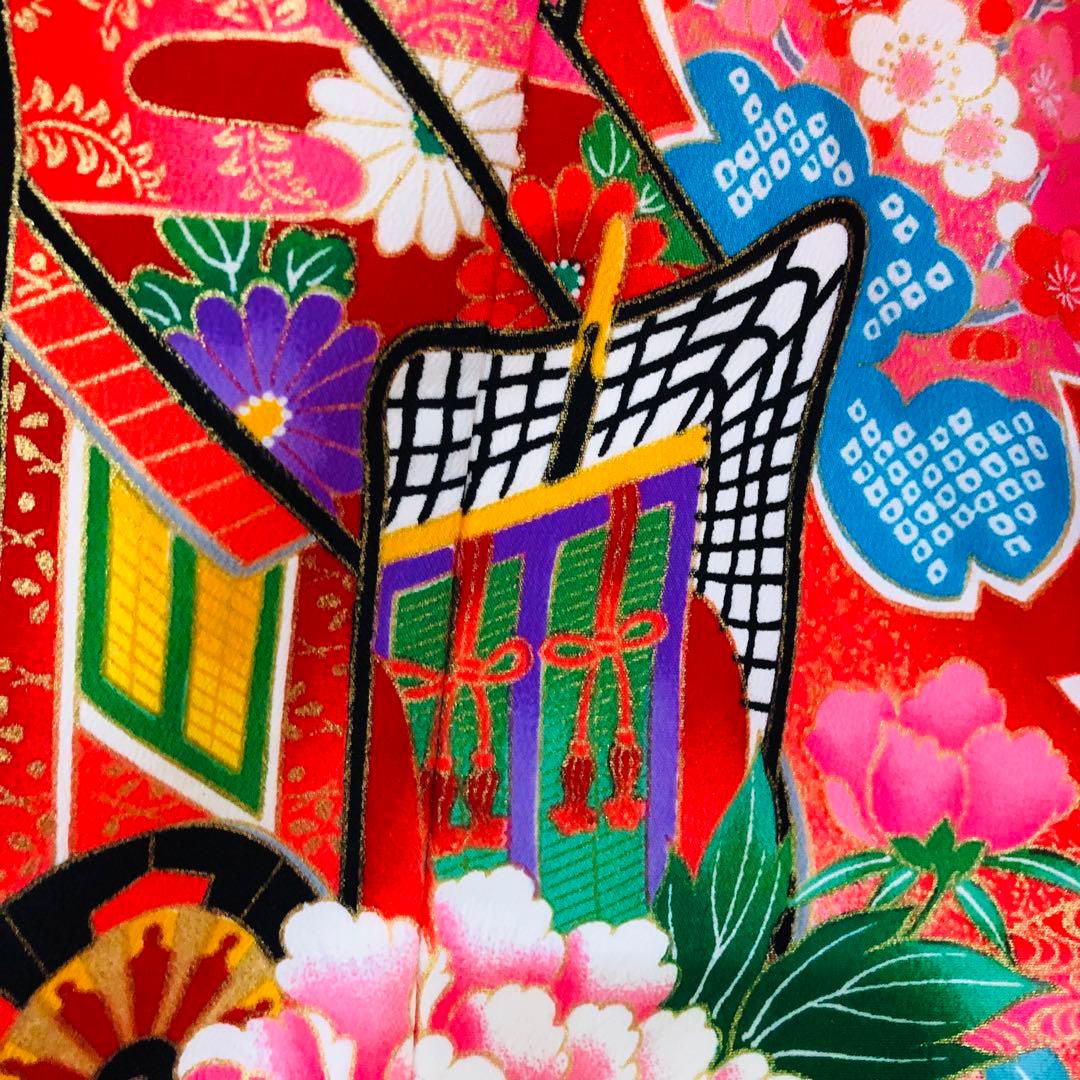 七五三七歳❣️豪華赤地手毬御所車花々金彩⭐︎作り帯楽々⭐︎完全フルセット銘品
