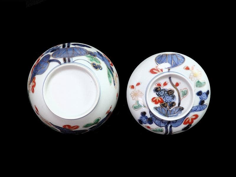 古伊万里染錦河骨紋の図広東型蓋茶碗5客C859AS-CEw