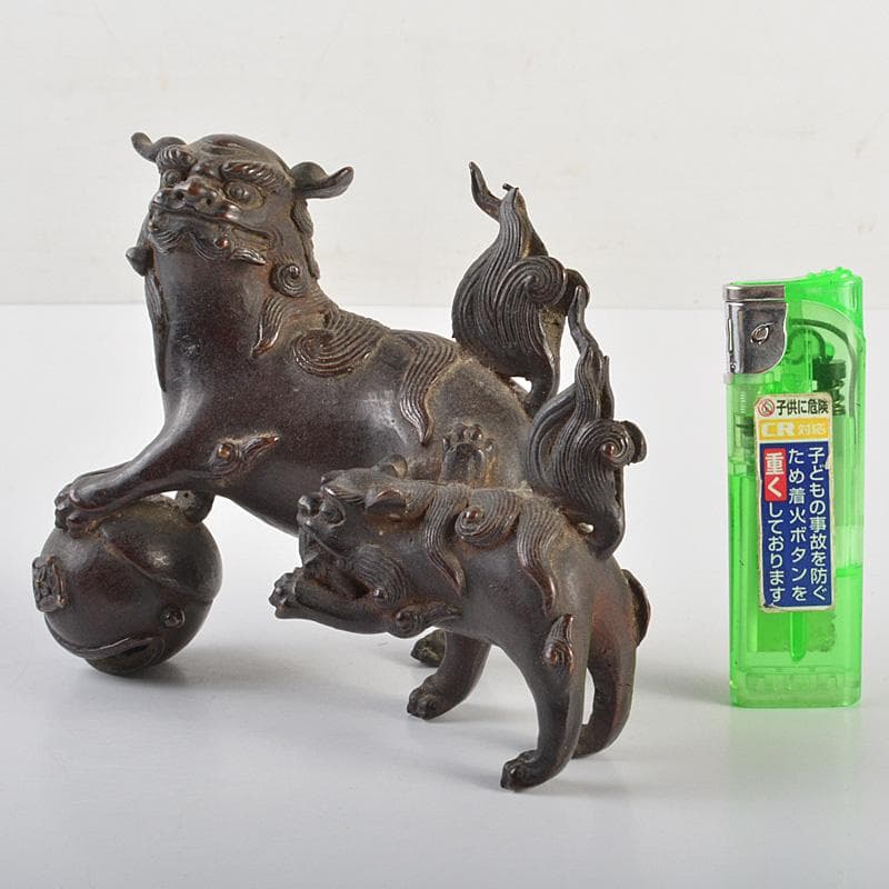 中国古銅宣徳銅玉乗り獅子親子鈴置物MR7409