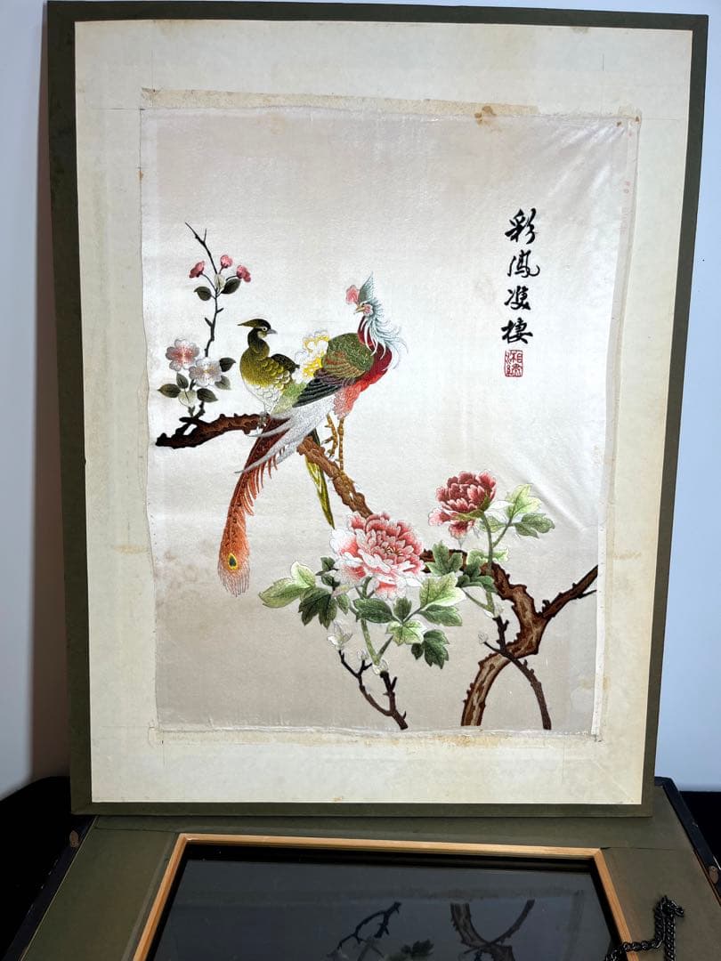 レア　希少【湘繍】ヴィンテージ 刺繍額 中国画 美術品 古美術　ガラス額　花鳥図