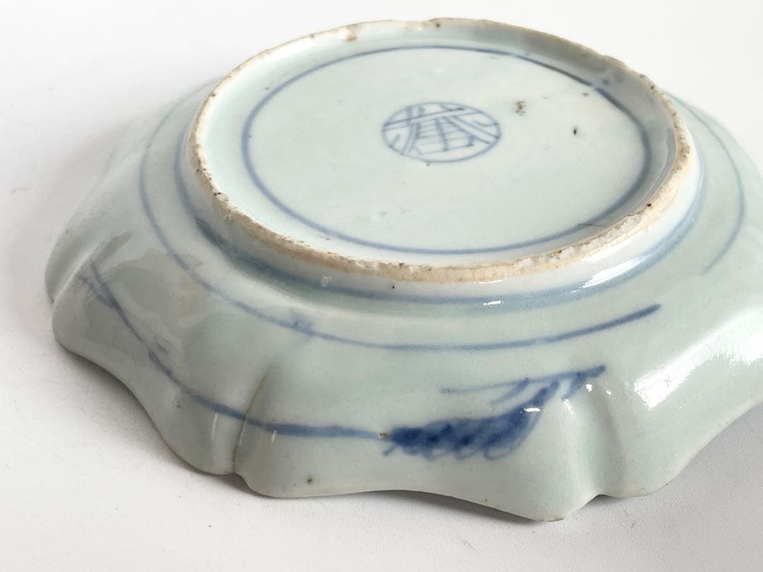 骨董アンティーク藍九谷染付桃図輪花縁小皿誉印初期伊万里古伊万里