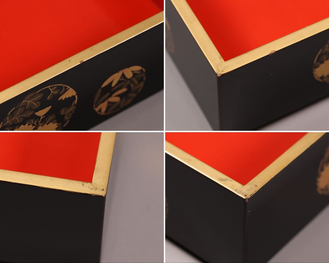 漆芸 木製漆器 丸に草花図 金蒔絵 二段重 重台 黒塗 朱塗 重箱【MA171】