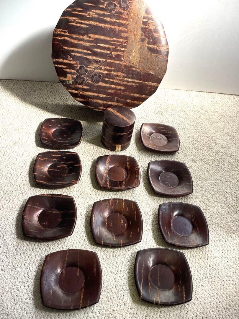 未使用樺細工 桜皮細工 茶道具12点セット十六角茶櫃 伝統工芸品 秋田角館2-1 未使用樺細工 桜皮細工 茶道具12点セット十六角茶櫃 伝統工芸品 秋田