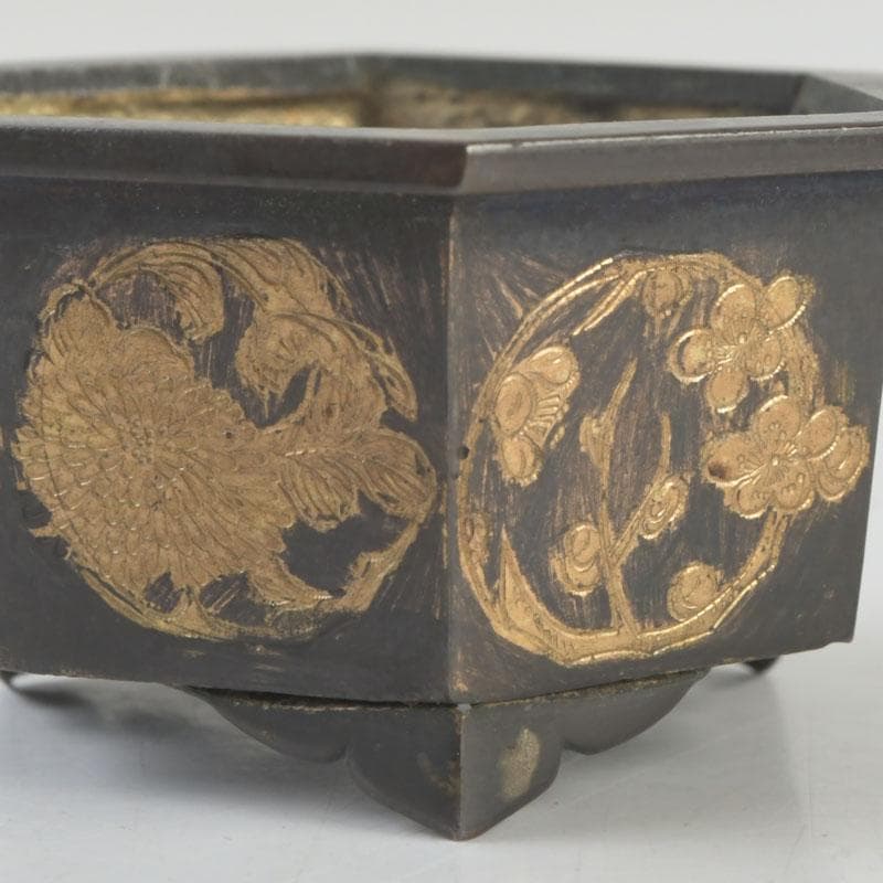 中国 古銅 金彩 花草文 小さな香炉 V 9641