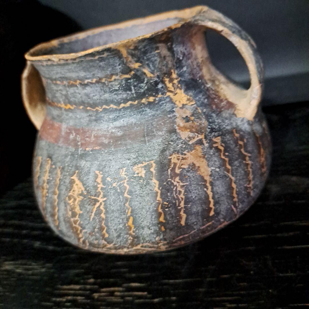 古代メキシコ産　土器　 水亀　水差し　縦縞模様