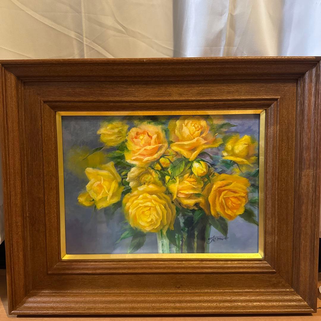 油彩画 原画 額装あり 花の絵 バラ 黄色 静物画 作家サイン入り - メルカリ