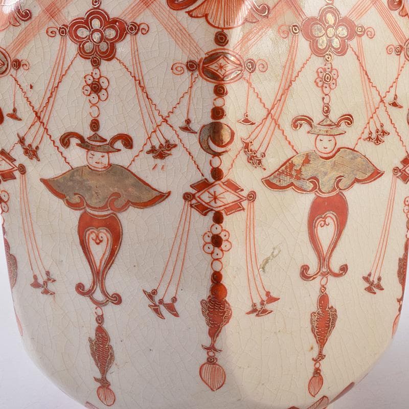 九谷焼 古九谷 赤絵金彩 瓔珞文 六角大徳利 一對 長壽箱付 G