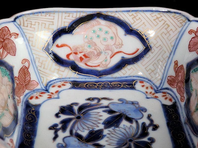 古伊万里　金襴手　獅子に牡丹の図　四方角向付　E990AS-CSb