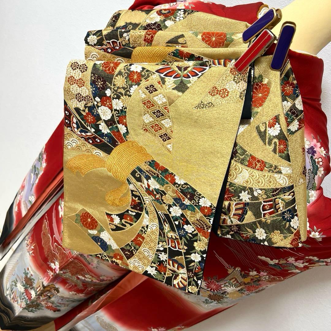 367 振袖フルセット 正絹 赤 レッド 黒 金彩 暈し染め 古典 風景 正統