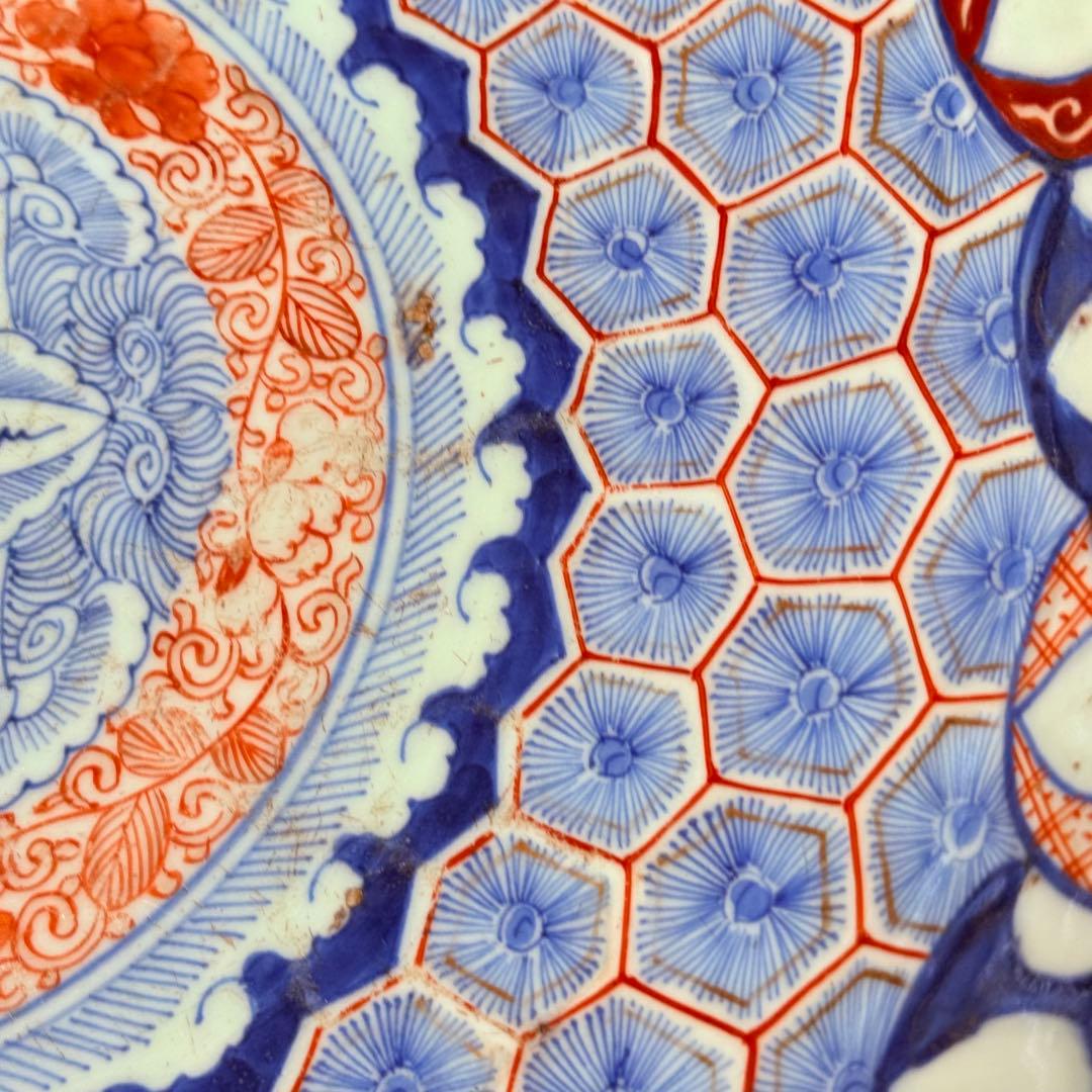 古伊万里大明成化年製極細密技巧亀甲文直径35.5㎝赤絵納め箱付