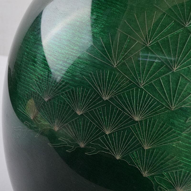 七宝焼 相互七宝謹製 緑透釉 松文 花瓶 唐木台付 共箱 M R9393H