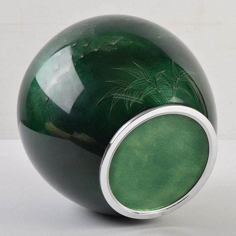 七宝焼 相互七宝謹製 緑透釉 松文 花瓶 唐木台付 共箱 M R9393H