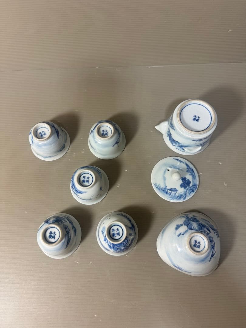 2616中国骨董大明年製銘染付山水茶器セット宝瓶1客湯冷し1客湯呑5客