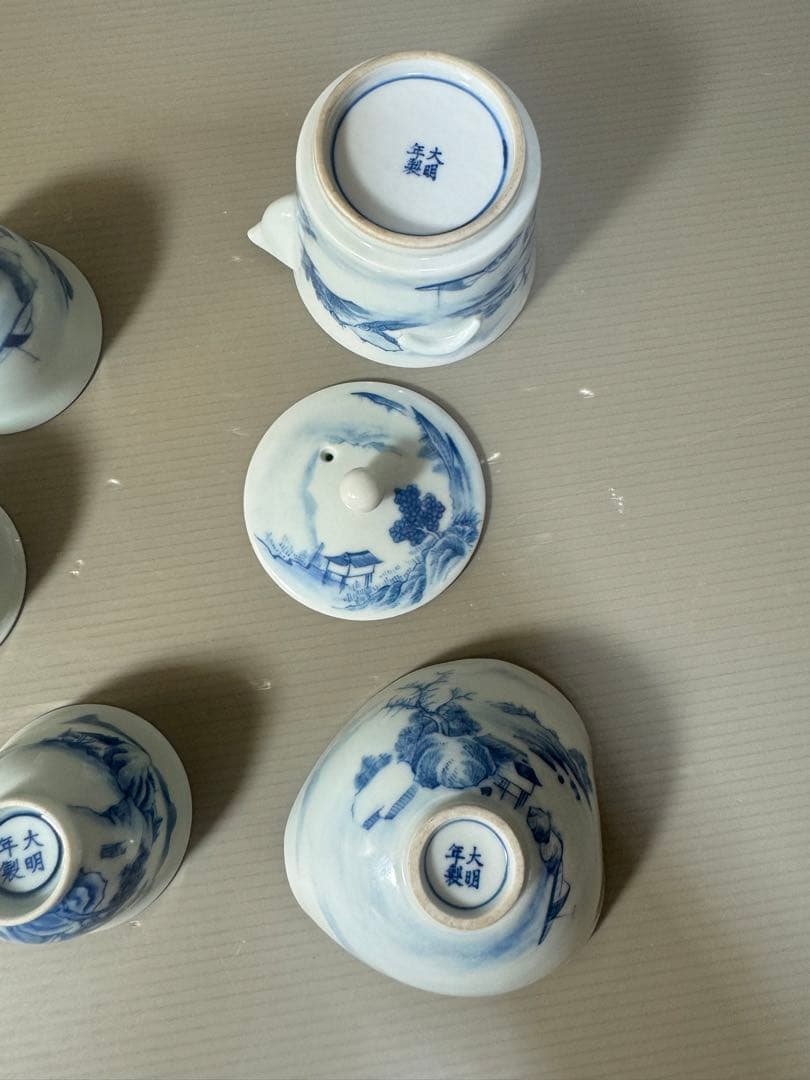 2616中国骨董大明年製銘染付山水茶器セット宝瓶1客