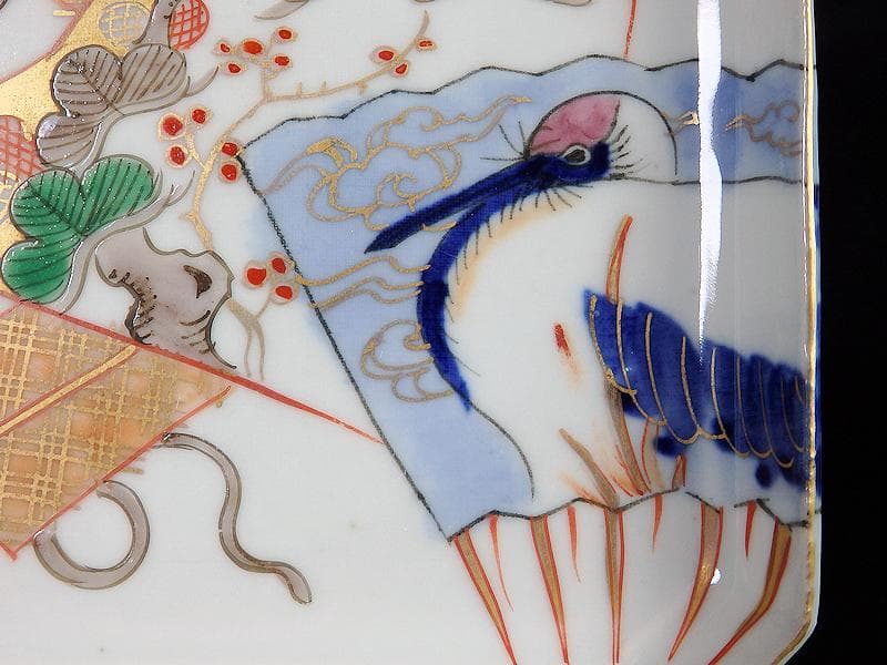 古伊万里 染錦 松に丹頂鶴の図 角皿 4枚 D827AS-BJn