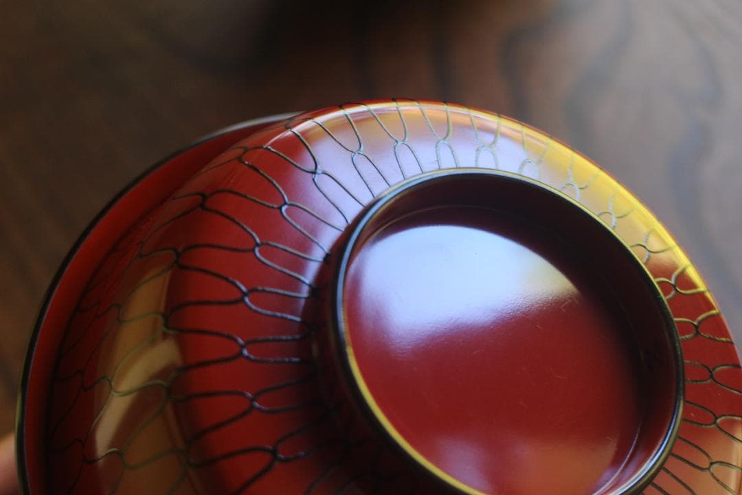 極小傷有！極上朱漆に風情ある網目文の映える大椀2点（検輪島塗懐石道具茶道具懐石椀