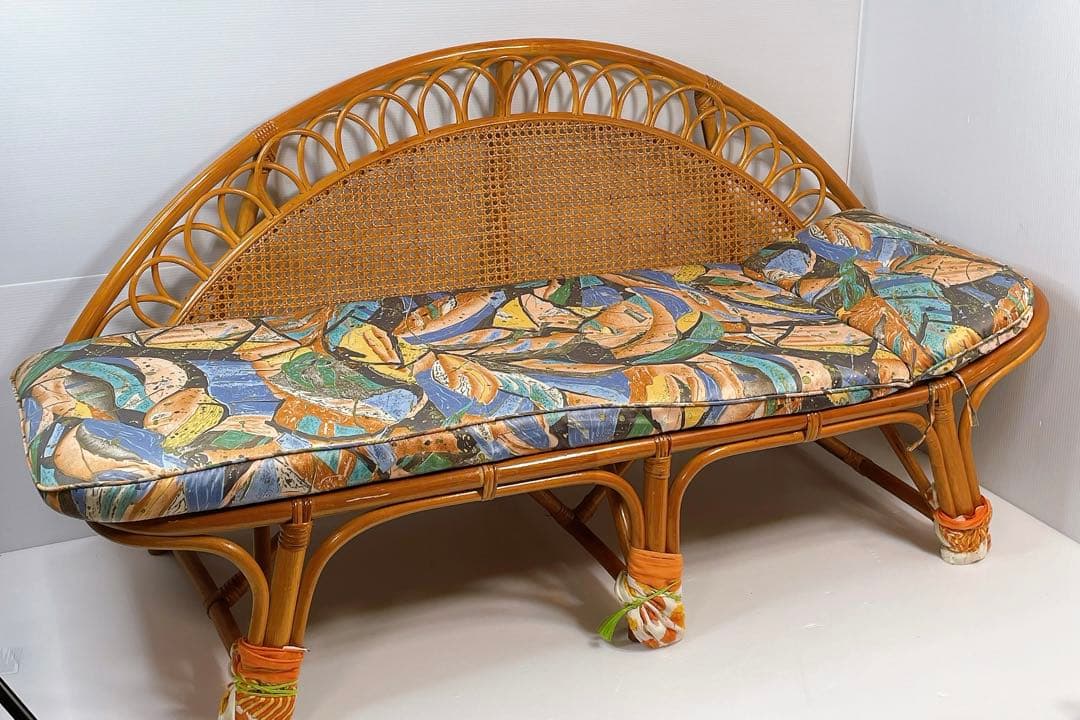 ヴィンテージ ラタン 籐 ソファ ベンチ 2人掛け 昭和レトロ クッション