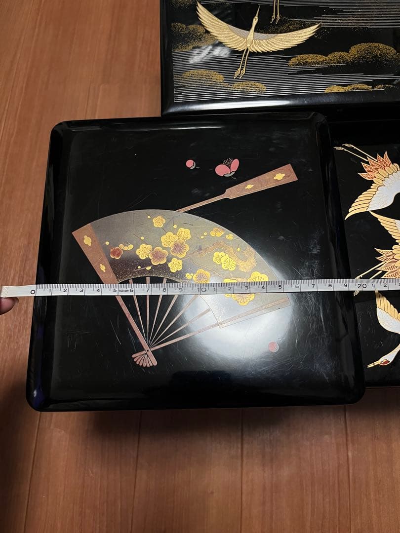 重箱 鶴と扇の装飾、3個セット