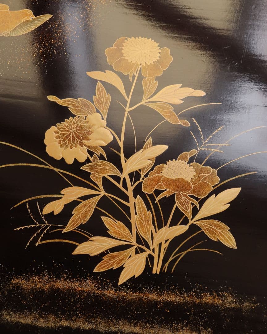 CH74 時代木製漆器 花鳥金蒔絵 黒塗吸物膳 五客 足付 隅切四方膳 盆 梨地