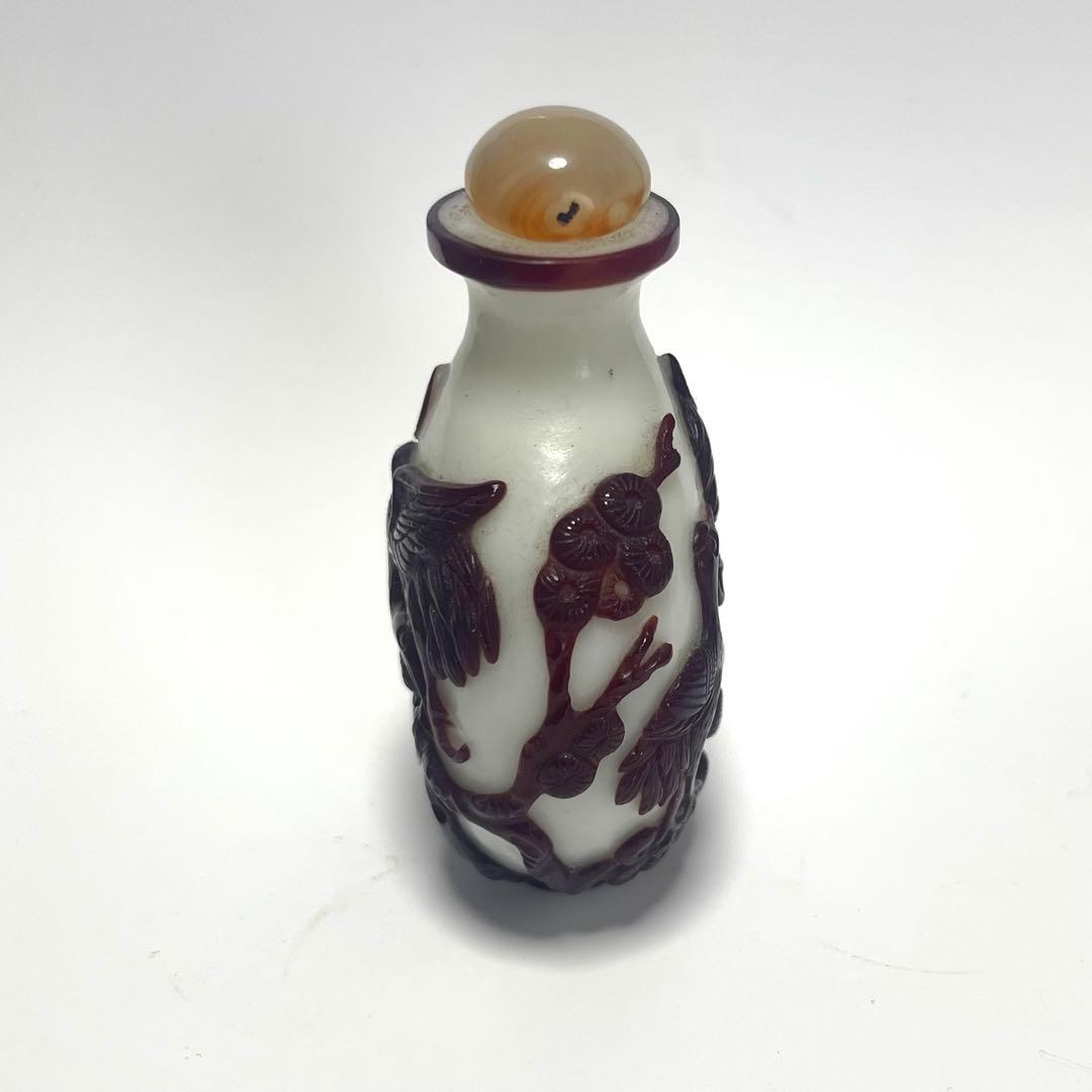 鼻煙壺 中国骨董 鶴の彫刻付き