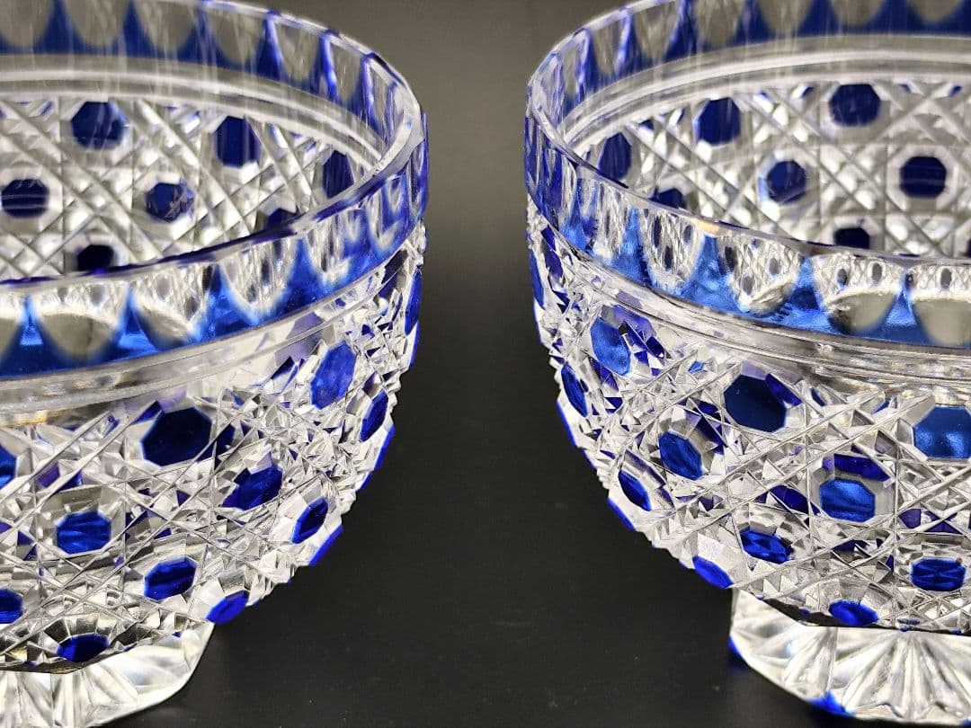 超希少品☆江戸切子 須田秀石 小鉢 瑠璃被 籠目紋（切子、江戸