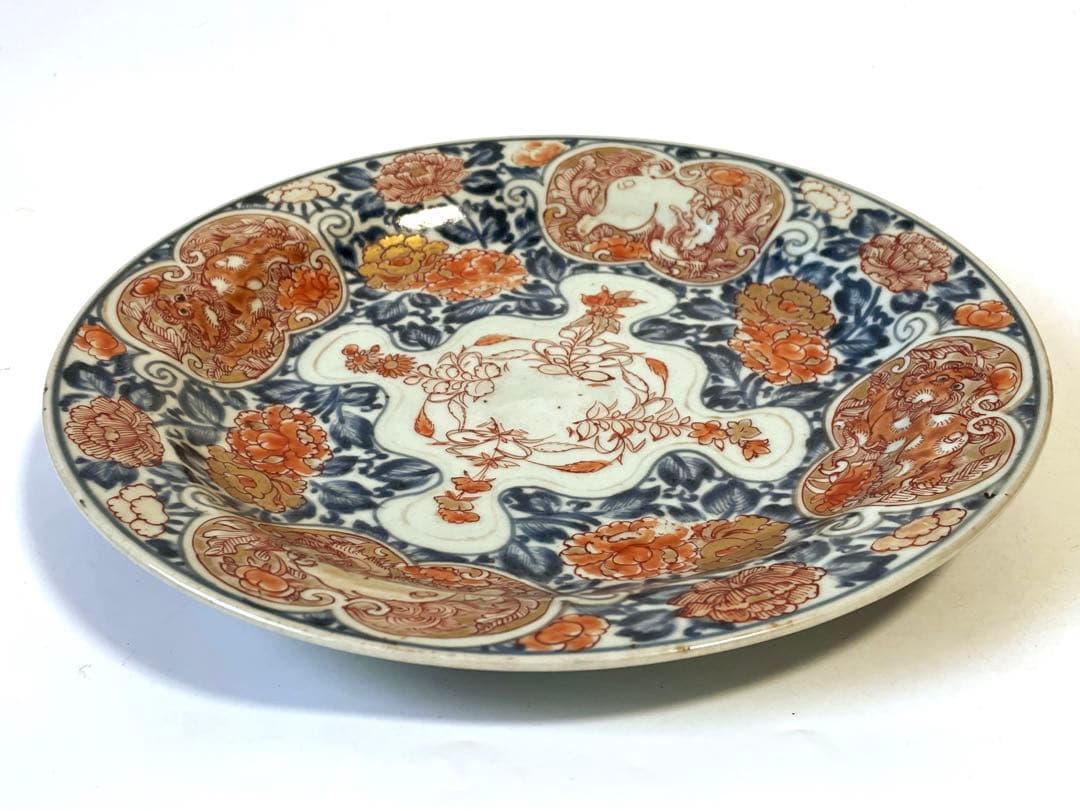 骨董　アンティーク　古伊万里　色絵　金襴手　輸出伊万里　獅子牡丹　皿　丸皿