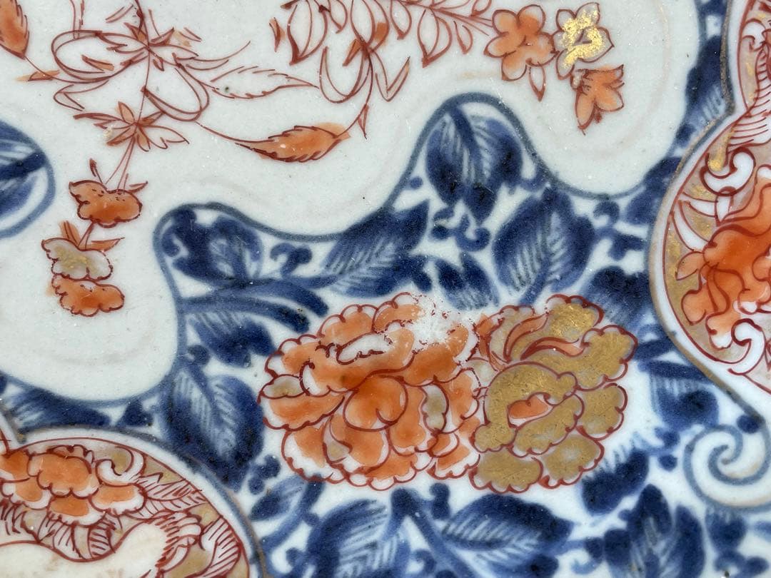 骨董　アンティーク　古伊万里　色絵　金襴手　輸出伊万里　獅子牡丹　皿　丸皿