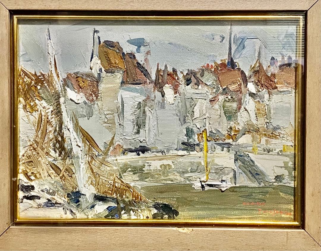 真作保証 岡崎勇次 「オンフルルの漁港」 肉筆油彩4号 フランス オンフルール