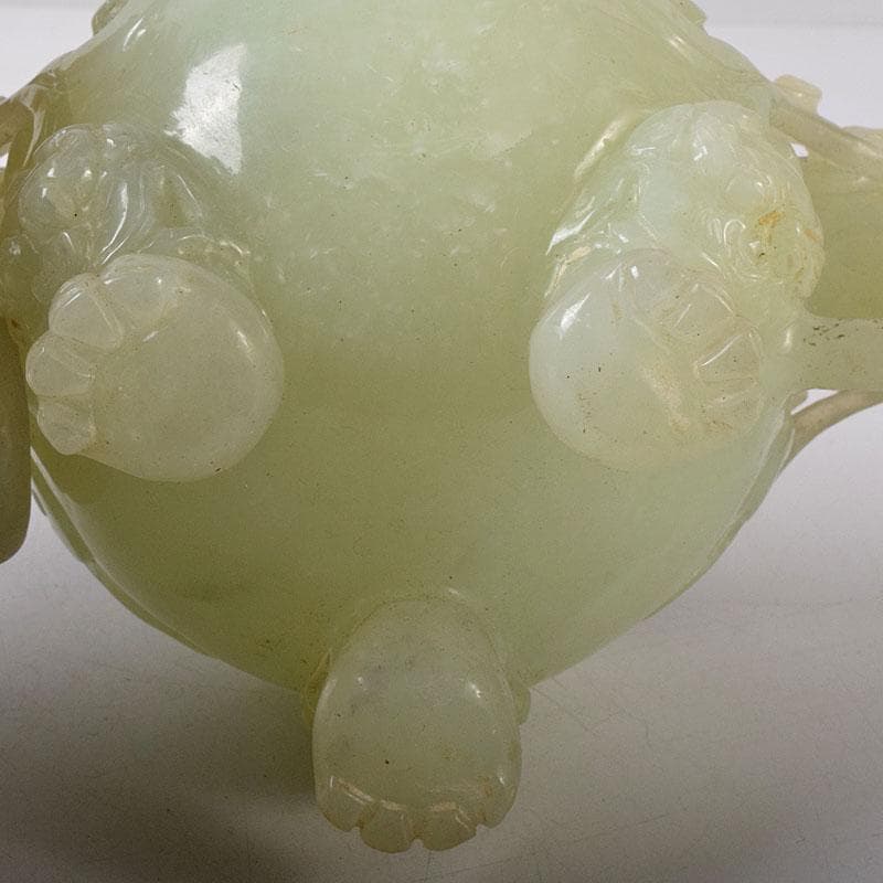 中国 玉石彫刻 雙耳活環 獅子鈕蓋爐 三足香炉 唐木台付 C 8256 - メルカリ