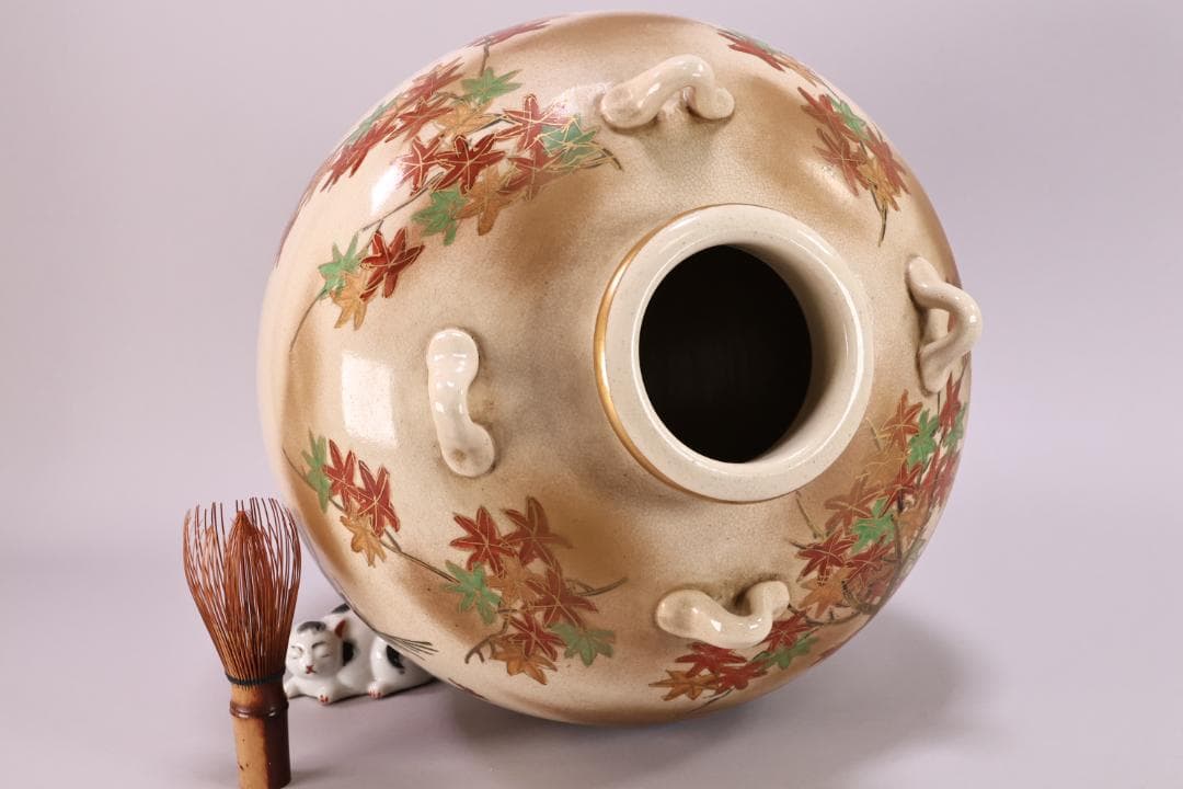 仁清 写 色絵 金雲菊花御所車図 四耳壺 茶壺 花瓶 壷 花器 BK49